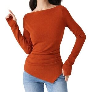 NWT OGL ProWarm Boatneck Side Tucks Asymmetrical Long Sleeve Top S Autumn Orange